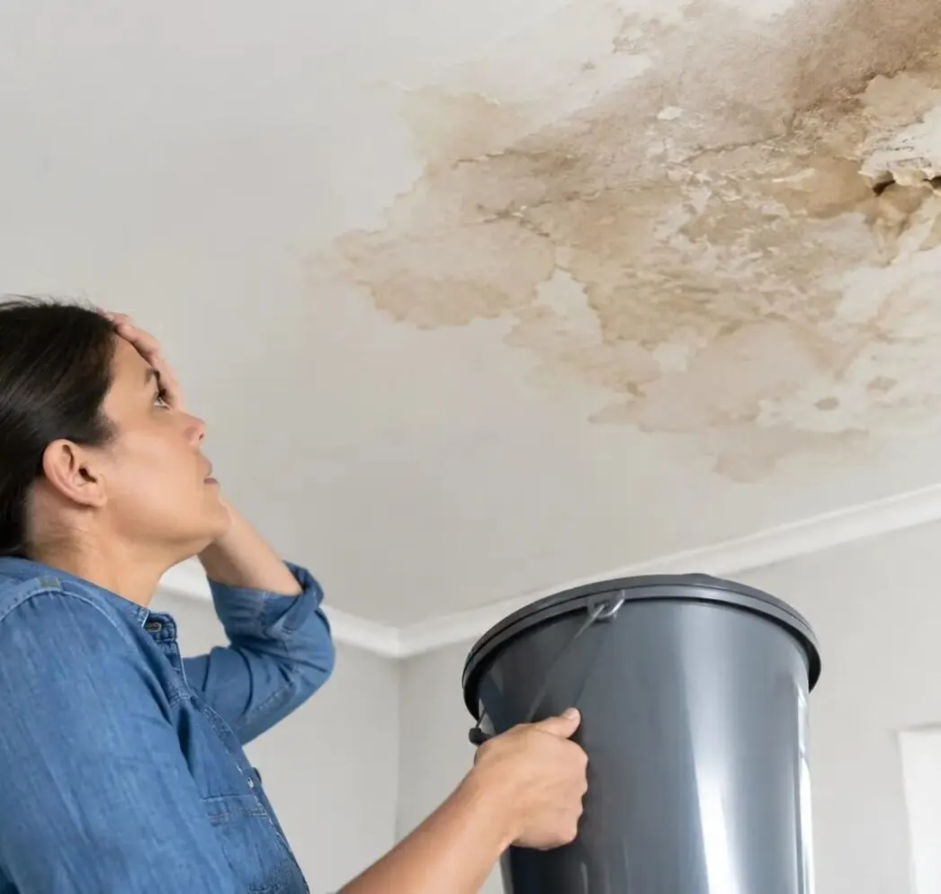 Austin homeowner looking at a water-stained ceiling after a roof leak