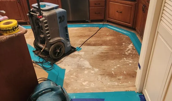 Air mover and dehumidifier drying a water-damaged kitchen in Austin