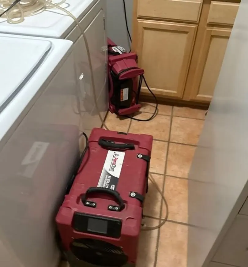 Commercial dehumidifier drying a laundry room after a water leak